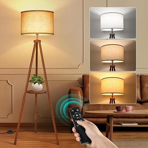 OUTON Tripod Floor Lamp with Shelves, Mid Century Dimmable Wood Floor Lamp with Remote Control, 4 Color Temperatures, Standing Tall Lamp with Linen Shade for Living Room, Bedroom, Office, Walnut - Image 1