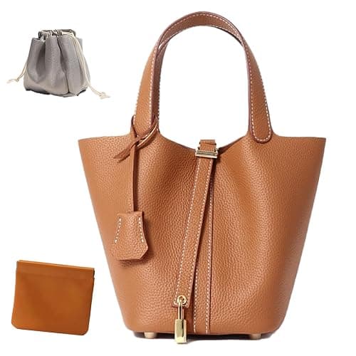 Genuine Leather Lock Design Bucket Bag Vegetable Basket, Fashionable and Versatile Shoulder Handbag - Brown - Image 1