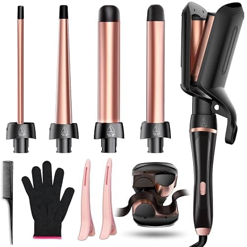 5 in 1 Curling Iron, Curling Wand Set with Hair Crimper Waver and 4 Interchangeable Ceramic Barrels (0.5'-1.8'), Fast Heating Dual Voltage Hair Curler Gifts for Women All Hair Types and Travel Use - Image 1