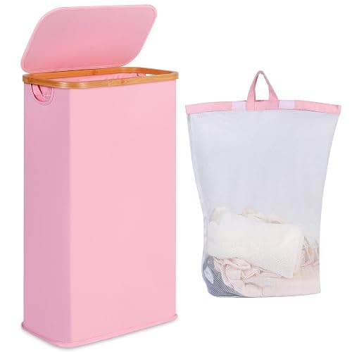 iEGrow 65L Slim Laundry Hamper, Narrow Laundry Basket with Lid,Foldable Clothes Hamper with Bamboo Handles,Hamper Basket with Removable Inner Bag for Laundry Room Bedroom College Dorm,17.17 Gals Pink - Image 1