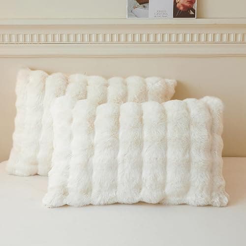 LIFEREVO 2 Pack Fluffy Faux Rabbit Fur Pillow Cases, Luxury Soft Plush Shaggy Bubble Pillowcases Standard Size with Zipper Closure, Furry Fuzzy Ivory Long Pillow Shams Bedroom Living Room 20x26, Beige - Image 1
