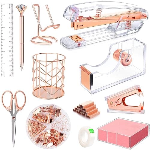 Rose Gold Office Supplies and Accessories, Acrylic Stapler, Staple Remover, Tape Holder, Ballpoint Pen, Scissor, Binder Clips, Staples, Phone Holder, Ruler, Transparent Glue and 300 Notes - Image 1