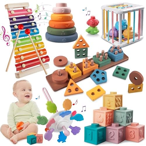 Wuzhineisn Montessori Baby Toy Sorting Stacking Learning Toys Wooden Building Blocks, Xylophone Musical, Infant Teethers Toys for Baby, 6 in 1 Toy Birthday Gifts for Toddlers - Image 1