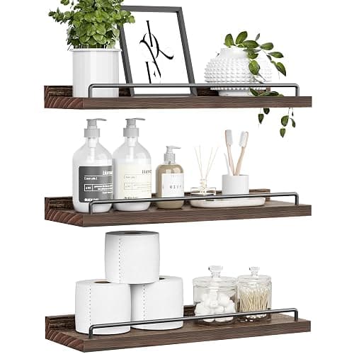 RYOFOBETTO Floating Shelves for Wall Decor Bathroom Shelves Over Toilet, Farmhouse Wall Shelves for Living Room, Bedroom, Picture Frames, Plants, Kitchen (Dark Brown, Set of 3) - Image 1
