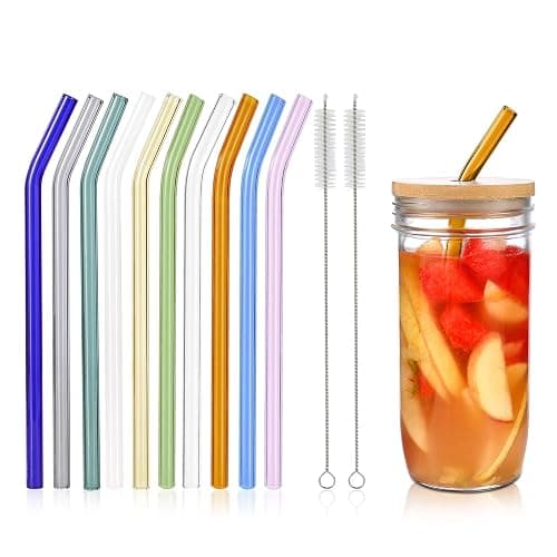 10 Pcs Reusable Bent Glass Drinking Straws,9''x10 mm Colorful Glass Straws for Beverages, Shakes, Milk Tea, Juices,Set of 10 Bent with 2 Cleaning Brushes -Shatter Resistant - Image 1