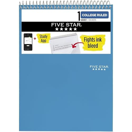 Five Star Top Spiral Notebook + Study App, 1 Subject, College Ruled Notepad, 8-1/2" x 11", 100 Sheets, Fights Ink Bleed, Water Resistant Cover, Tidewater Blue (820058D-ECM) - Image 1