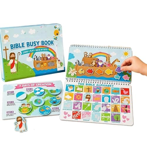 My First Bible Busy Book for Early Learning, Christian Faith Activity Book with Hook and Loop Matching Games, Bible Alphabet, Armor of Faith, Creation Story, Interactive Educational Quiet Story - Image 1