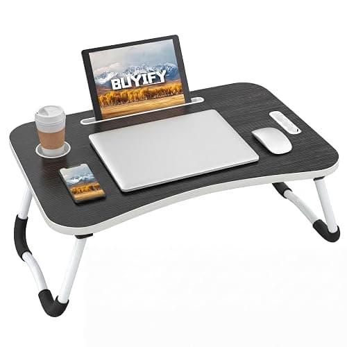 BUYIFY Foldable Lap Desk for Laptop & Writing - 23 inch Bed Tray Table with Cup Holder & Tablet Slot - Portable Notebook Stand for Eating, Sofa, Couch & WFH Students (Black) - Image 1