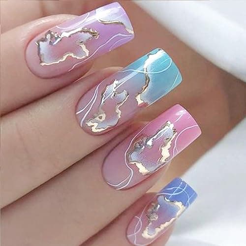Press on Nails Medium Square Fake Nails Acrylic False Nails with Colorful Clouds Design Glossy Acrylic Nails Full Cover Glue on Nails for Women 24 Pcs - Image 1