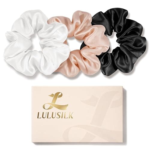 LULUSILK Silk Scrunchies for Hair Sleep, 100% Real Mulberry Silk, No Damage Hair Ties for Women and Girls, Black White and Lotus Pink, Pack of 3 - Image 1