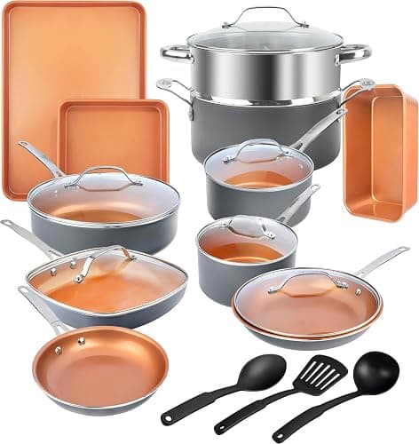 GOTHAM STEEL 20 Pc Ceramic Cookware Set, Copper Pots and Pans Set Non Stick with Bakeware, Cooking Utensils, and Steamer, Oven and Dishwasher Safe - Image 1