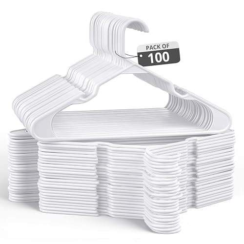 Our Modern Space 100 Pack Adult Plastic Hanger for Shirt Pants Coats Dresses Skirts Suits Jackets - Standard Thick Coat Hanger - Sturdy & Durable Design with Shoulder Grooves Hook - White - Image 1