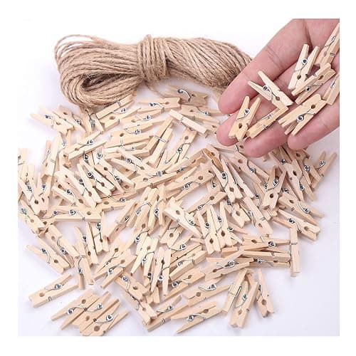 Mini Clothes Pins for Photo, Small Clothespins 200 pcs 1" Natural Wooden Clothespins with Jute Twine, Mini Photo Clips,Small Clothes Pins for Photos, Crafts, Arts, Cocktails - Image 1