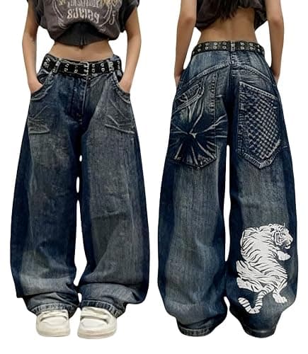Unisex Y2K Hip Hop Street Jeans with Skeleton Print, Gothic Baggy Jeans, Vintage High Waist Denim, Wide Leg Pants - Image 1