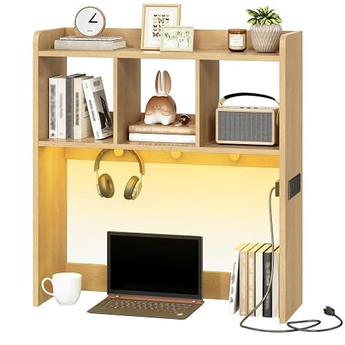 HOOBRO Desktop Bookshelf, Office Desktop Shelf, Desk Hutch with Outlets, Wooden Office Desktop Bookcase, Desktop Organizer Shelf with LED Light Strip and 3 Hooks, for Home, Study, Natural NL12UDSJ01 - Natural - Image 1