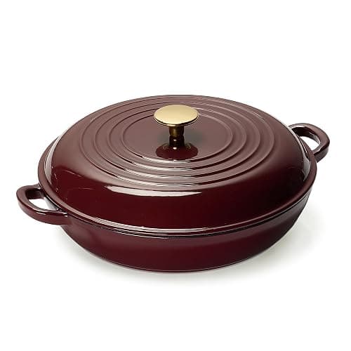 CAROTE 3.5QT Enameled Cast Iron Braiser Pan, Shallow Dutch Oven Casserole Skillets, Non-Toxic Cast Iron Pot with Lid for Grilling, Searing, Baking, Dual Handles, All Stovetop Compatible, Fig - Image 1