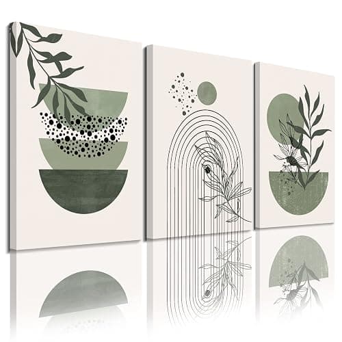 Sage Green Wall Posters & Prints, Green Boho Wall Art Set of 3, Minimalist Framed Wall Art Geometric Line Leaf Sun Moon Beige Green Canvas Artwork Paintings - Image 1