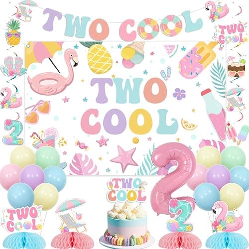 Funmemoir Two Cool Pool Birthday Party Decorations for Girls 2nd Birthday, Macaron Color Backdrop Banner Cake Topper Balloons Honeycomb Centerpieces for Summer Swimming Beach Theme Party - Image 1