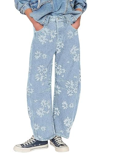 ebossy Women's Retro Floral Print Barrel Jeans Mid Rise Wide Leg Baggy Boyfriend Horseshoe Denim Pants - Image 1