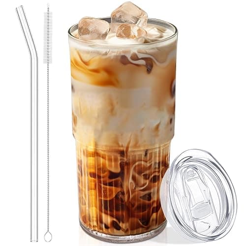 Luiaiog 18.5oz Glass Cups with Lids and Straws β Single Reusable Tumbler, Thickened Shatter-Resistant Glass, Ideal for Iced Coffee, Smoothies, Cocktails, Juices β Elegant & Durable Drinkware - Image 1