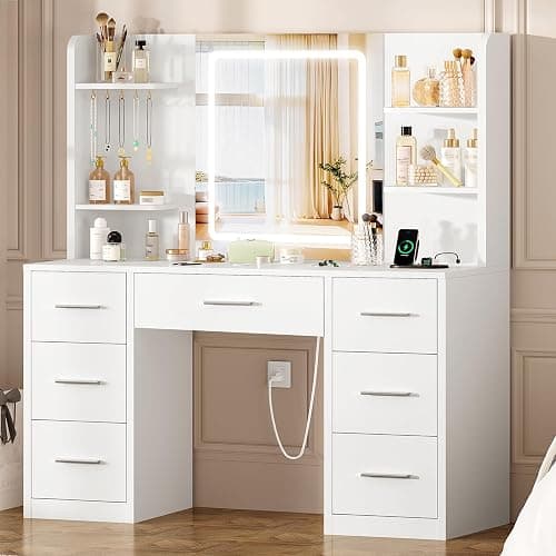 FIONESO Large Vanity Desk with LED Lighted Mirror & Power Outlet, Makeup Vanity Table with 7 Drawers,4 Shelves and 5 Hooks, White Vanity for Bedroom, Bathroom - Image 1