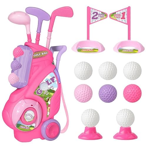 Jovizo Toddler Golf Set for Girls Boys 2 3 4 Years Old, Upgraded Kids Golf Cart with 3 Clubs & 8 Balls, Outdoor Indoor Sports Toys Birthday Gift, Pink - golf set - Image 1