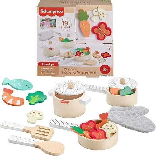 Fisher-Price Wood Kitchen Pretend Play Toy Pots & Pans Set, 19-Piece Playset Wooden, Metal & Fabric for Preschool Kids Ages 3+ Years - Image 1