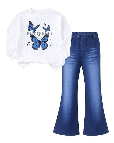 Yhnslsf Girls Clothes Little Girl 2 Piece Outfit Kids Clothing Sets 3-8Y | Fall Winter Ribbed Sweatshirt Tops Flare Jean Toddler Outfits for Girls,Trendy Bell Bottom Pants Set,Back to School Clothes - Image 1