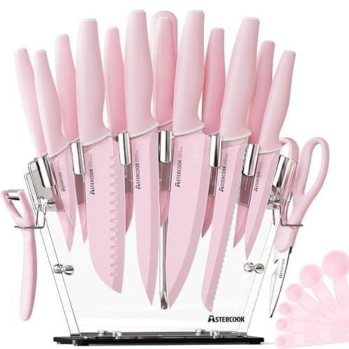 Astercook Knife Set with Block and Sharpener, 22 Piece Kitchen Knife Set Dishwasher Safe, Space-Saving Clear Knife Block with Knives for Everyday Home Cooking Pink - Image 1