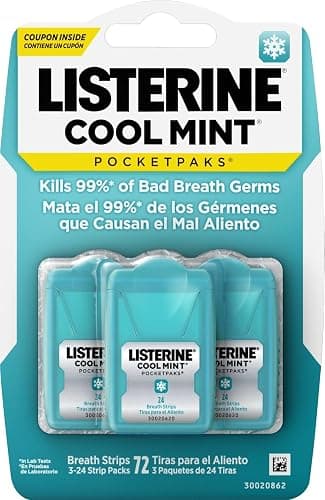 Listerine PocketPaks Breath Strips, Cool Mint, 24-Strip Pack, 3 Pack | Breath Freshener, Dissolves Instantly, Kills 99% of Bad Breath Germs, Travel Essentials - Image 1