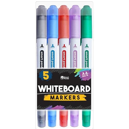 Smart Panda 5 Whiteboard Markers Dual Tip Wipeable Pens, Medium and Fine – Dry Wipe Markers, Perfect for Home, School or Office - 5 Set - Image 1