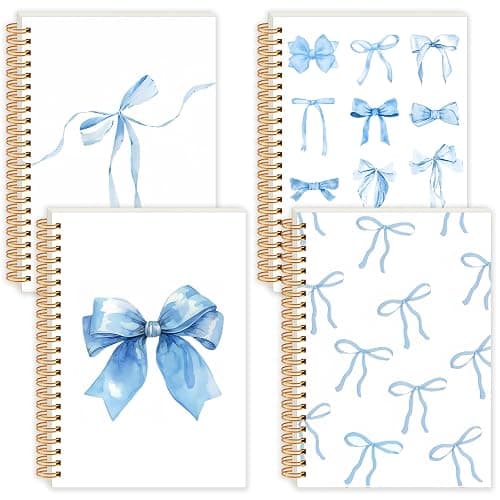 Resurhang 4 Pack Coquette Preppy Bow Notebook,A5 Aesthetic Spiral Notebook Journals for Women,Cute Bowknot Preppy School Supplies,College Ruled(Blue,Bow Style) - Blue - Bow Style - Image 1