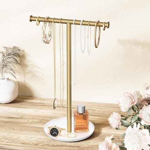Jasopaco Gold Necklace Organizer Stand with Storage Tray - 12.6" Tall T-Shaped Jewelry Holder Stand for Bracelets, Earrings, Rings | Stylish Home & Vanity Décor for Women. - Image 1