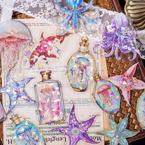 Yoksas 120Pcs Holographic Glitter Ocean Life Stickers - Clear Waterproof Sea Jellyfish,Octopus, Starfish Marine Animal Stickers for Junk Journal,Scrapbooking Supplies - Image 1