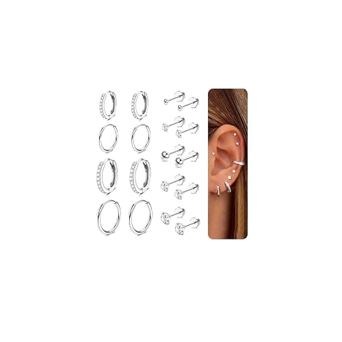 CASSIECA 9 Pairs Earrings for Women, 316L Surgical Steel Earring Set 14K Gold Hoops Earrings Stud Earrings Hypoallergenic Cartilage Huggie Hoop Tragus Piercing Jewellery - 9 Pairs- Silver - Image 1