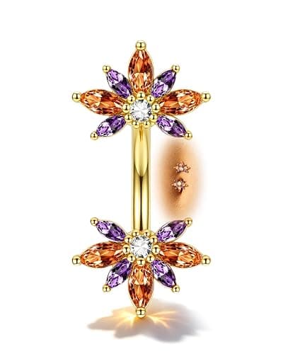 COCHARM Colorful Lotus Belly Button Rings, 14G Both End Belly Navel Rings for Women, Gold Plated Navel Piercing Jewelry Stainless Steel 8/10MM - Image 1