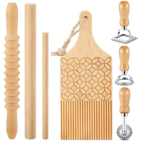 Tioncy 7 Pcs Pasta Making Tool Set Wood Gnocchi Board with Ravioli Stamp Ravioli Maker and Rolling Pin Homemade Gnocco Maker Kitchen Gift for Christmas Baking Lovers(Pattern Gnocchi Board Set) - Image 1