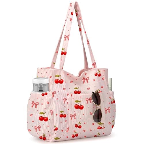 Corduroy Tote Bag for Women,Large Capacity Cute Tote Bags With 6 Pockets,Crossbody Shoulder Handbag for Work Travel Gym - Image 1