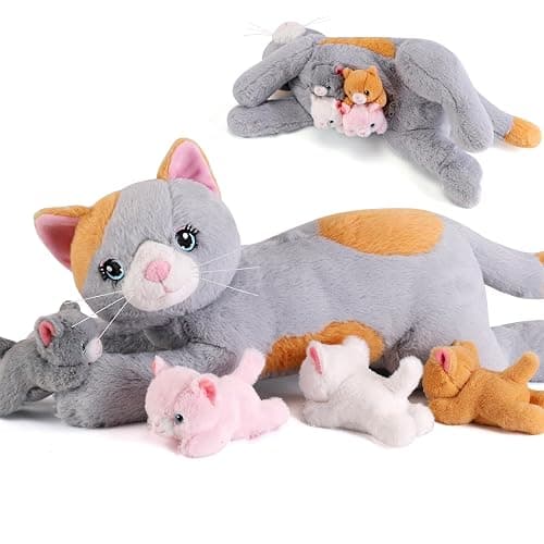 gnomantic 5 Pieces Cat Stuffed Animals with Babies Inside Belly - 1 Mommy Stuffed Cat with 4 Kittens - Stuffed Kitty Plush Toys for Kid Age 3-8, Gift Ideal for Christmas, Valentine's, Birthday (Grey) - Grey Cat - Image 1