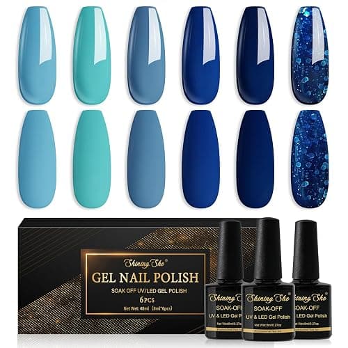 Shining She Vernis Semi Permanent Bleu, 6 Couleurs Bleu Bébé Bleu Céruléen Bleu Marine Paillettes Gel UV Semi Permanent Soak Off UV/LED Vernis à Ongles Pour Salon De Manucure DIY Home, 8ml - Bleu - Image 1