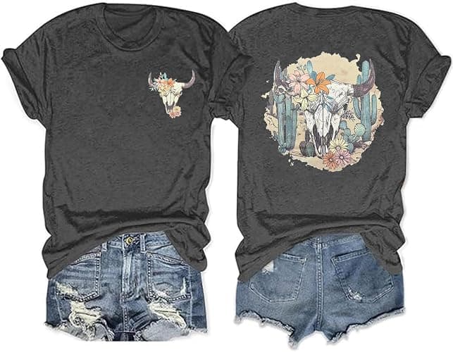 Retro Steer Skull Western T-Shirt Women Vintage Country Music Shirt Cute Cowgirl Graphic Cowboy Tees Tops - Small - As Shown1 - Image 1