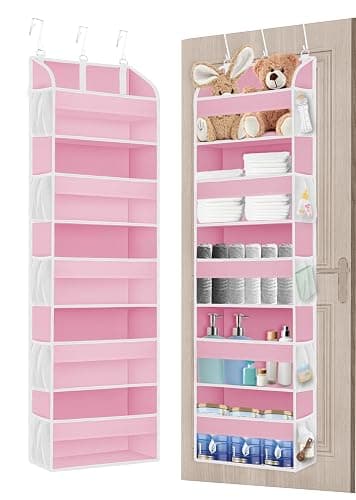 TAHAVICE Pink Over the Door Organizer - 5-Tier Hanging Storage with Clear PVC Windows & 10 Mesh Pockets, Cute Closet Organizer for Makeup, Perfume, Toys, Perfect Pink Room Decor for Girl - Image 1