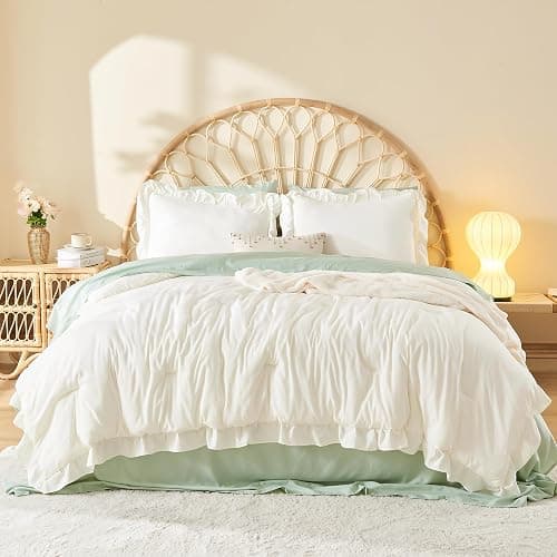 Litanika Full Comforter Set Ivory, 3 Pieces Beige Ruffle Farmhouse Aesthetic Bedding Comforter Set, Lightweight Fluffy Microfiber Bed Set (79x90In Comforter, 2 Pillowcases) - Image 1