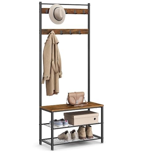 VASAGLE Coat Rack, Hall Tree with Shoe Storage Bench, Entryway Bench with Shoe Storage, 3-in-1, Steel Frame, for Entryway, 12.6 x 27.6 x 68.9 Inches, Industrial, Rustic Brown and Black UHSR41BX - Image 1
