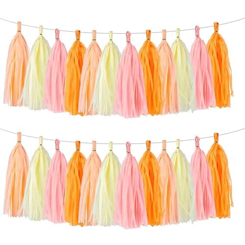 BestoFun Peach Pink & Orange Tassel Garland Banner – 40 PCS Paper Tassels for Birthday, Wedding, Baby Shower, Bridal Shower, and Party Decorations - Image 1