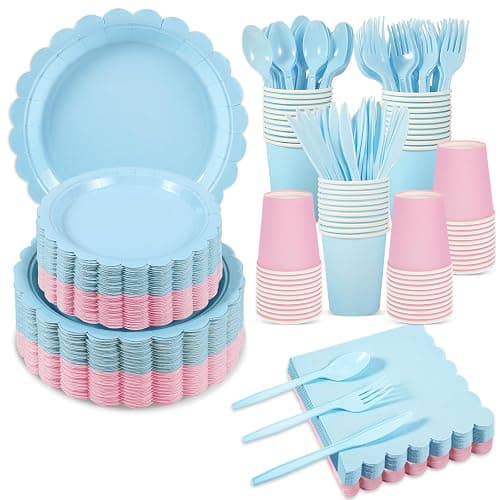 Xiangqu 350 Pcs Baby Gender Reveal Plates and Napkins, 50 Guest Boy or Girl Gender Reveal Party Supplies Include Light Pink and Light Blue Plates Napkin Cup Plastic Spoon Fork Knive for Baby Shower - Image 1