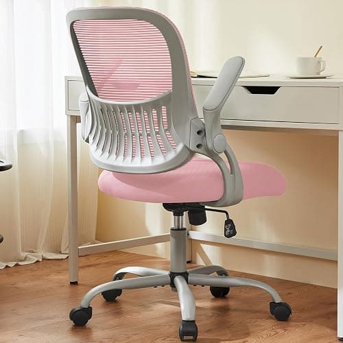 Sweetcrispy Home Office Computer Desk Chair, Ergonomic Mid-Back Mesh Rolling Work Swivel Task Chairs with Wheels, Comfortable Lumbar Support, Comfy Flip-up Arms for Bedroom, Study, Student, Pink - Flip-up Armrest - Light Pink - Image 1