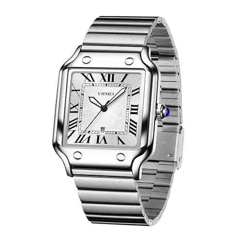 CARLIEN Unisex Classic Square Roman Numerals Silver Analog Waterproof Watches for Women Men Stainless Steel Strap Date Display Casual Wristwatch - Image 1