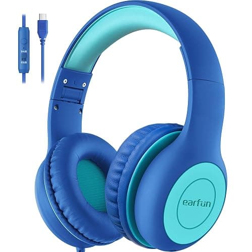 EarFun Kids Headphones Wired with Microphone, 85/94dB Volume Limit Headphones for Kids, Portable Wired Headphone with Shareport, Stereo Sound Foldable Headset for School/Tablet/PC/Kindle, Type C - Image 1