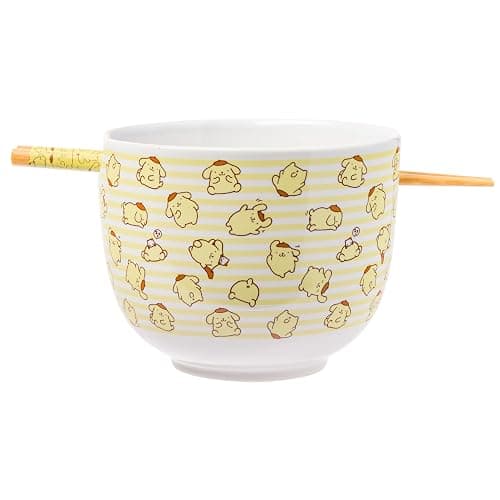 Silver Buffalo Sanrio Hello Kitty and Friends Pompompurin Pattern Ceramic Ramen Noodle Rice Bowl with Chopsticks, Microwave Safe, 20 Ounces - Image 1